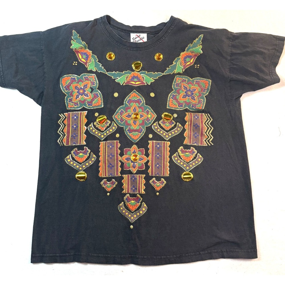 Vintage 80s Embellished Artsy TShirt Womens XL Jeweled Southwestern Boho USA